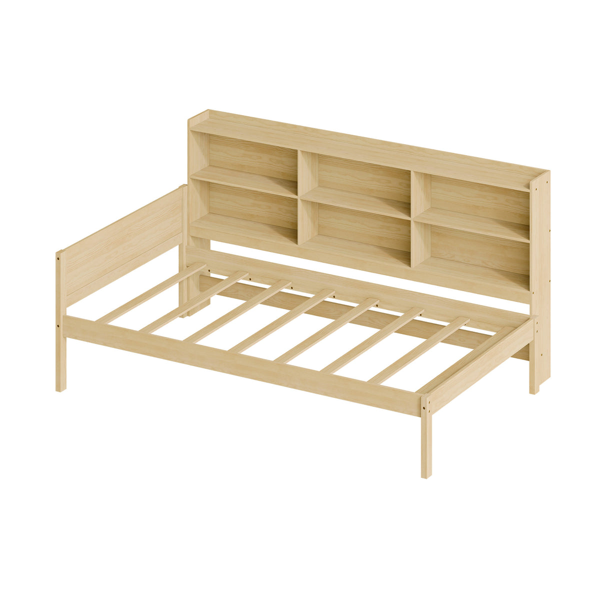 Twin Size Solid Wood Single Bed with Large Multi-compartment Storage Headboard Bookshelf, Simple Solid Wood Bed Frame, Multi-functional Storage Bed for Bedroom,Natural