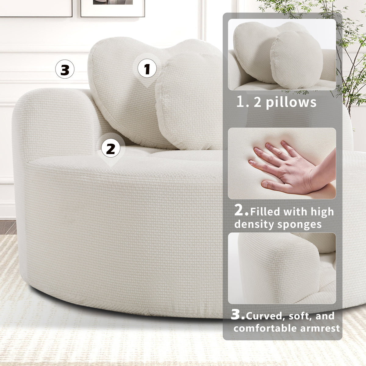 Round Sofa Bed with Memory Foam Sectional Couches for Living Room, Cloud Couch with two pillows, Beige
