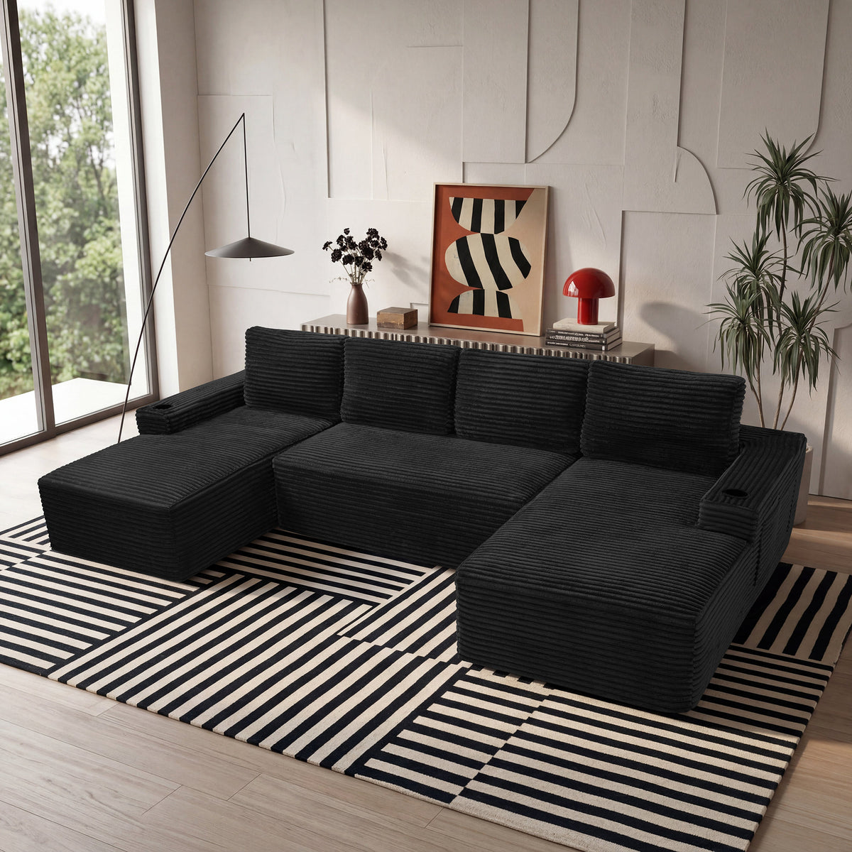 Compressible U-Shaped Sectional Sofa Set, Minimalist Style Modular Sectional Sofa, Corduroy Fabric Cloud Couch