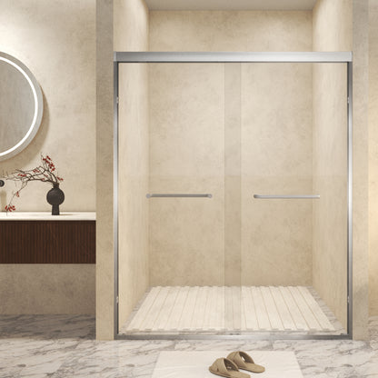 56-60 ' x 72' Tempered Glass with Explosion Proof Film, Aluminum Frame Double Sliding Shower Door, '1/4 (6 mm), Stainless Steel handle,Brushed Nickel