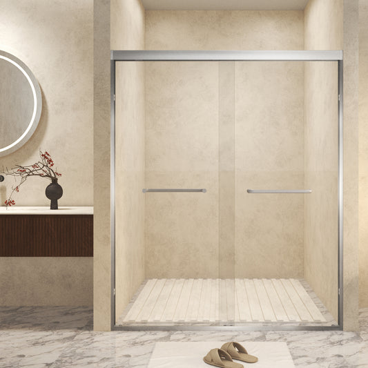 56-60 ' x 72' Tempered Glass with Explosion Proof Film, Aluminum Frame Double Sliding Shower Door, '1/4 (6 mm), Stainless Steel handle,Brushed Nickel