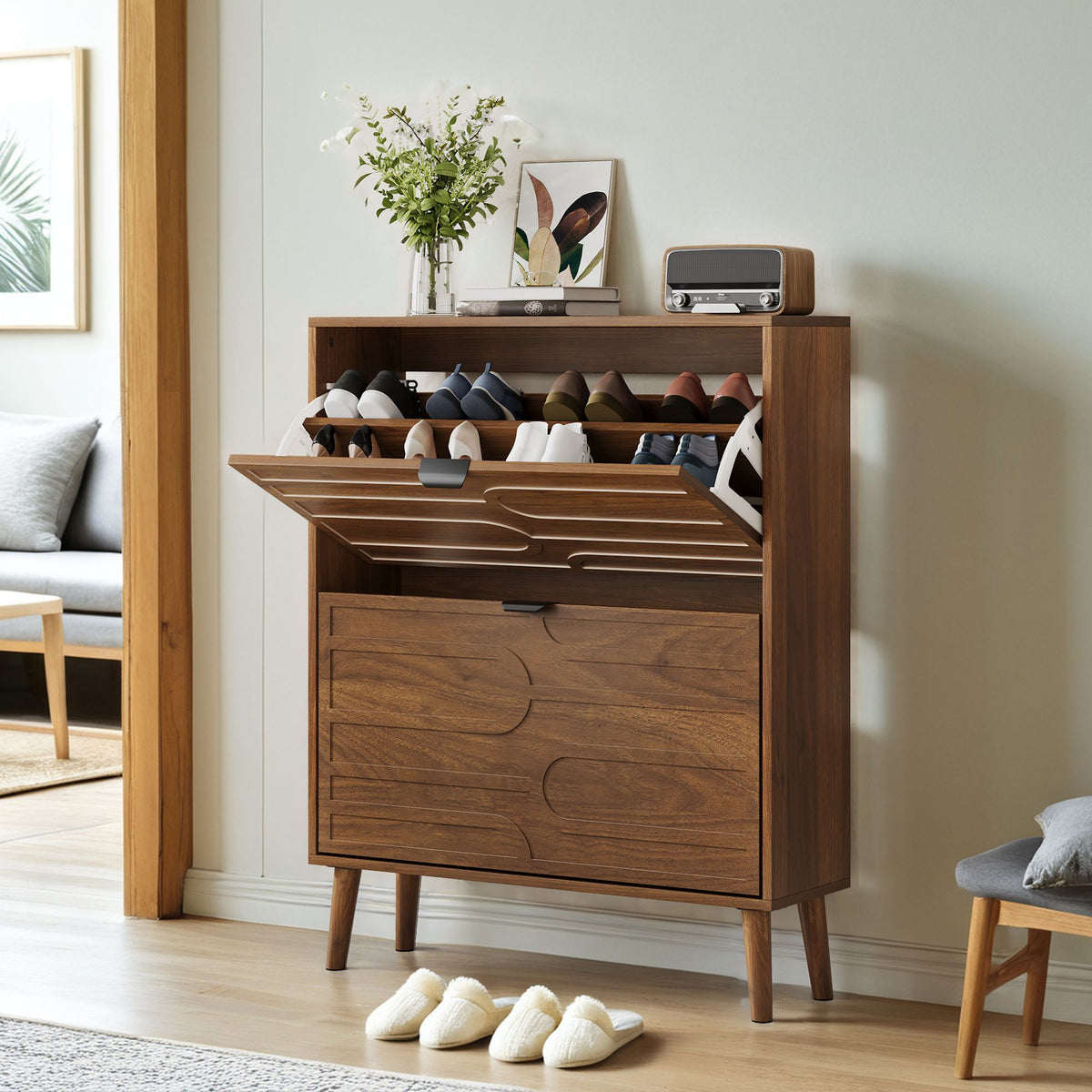 Medieval Modern Independent Shoe Cabinet with 2 Flip Drawers, Walnut MDF, 31.5-inch
