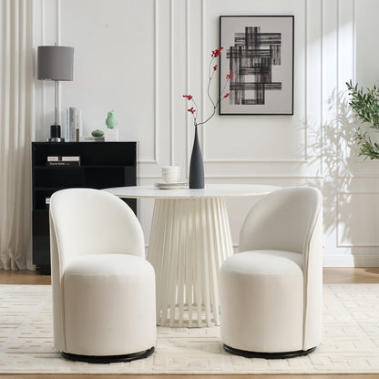 Mid Century Modern Velvet Barrel Chair, 360 Degree Swivel Armless Dining Chair in Cream, Metal and Wood Frame with High-Density Sponge Cushion