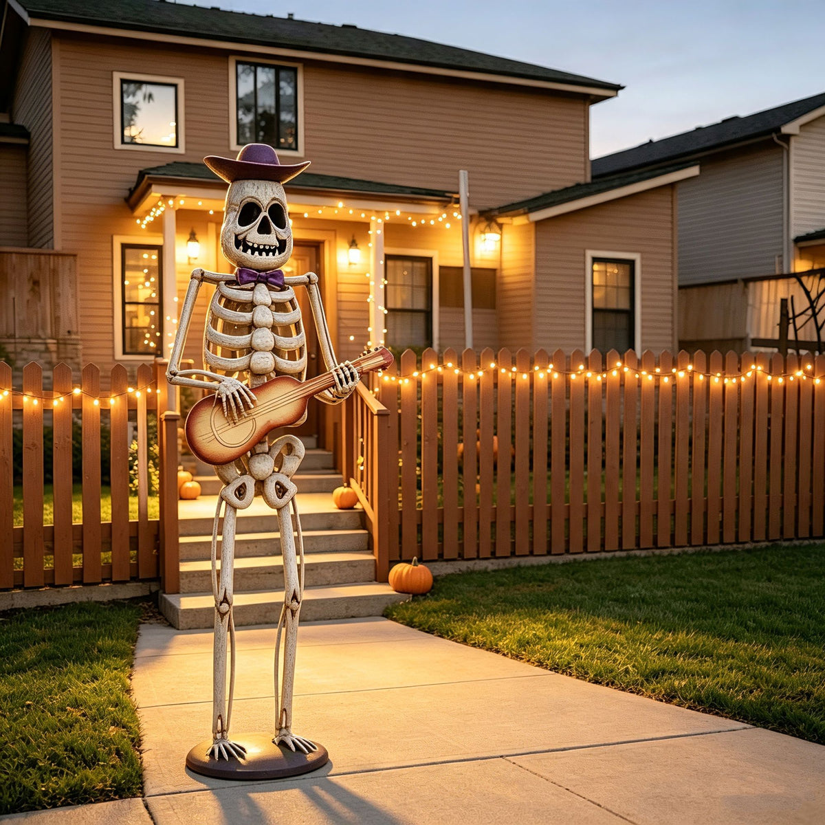 Halloween Skeleton Guitar Yard Decoration, 61.8 Inch Metal Statue with Purple Hat and Bow Tie in Ivory White for Outdoor Porch, Lawn, and Party Decor