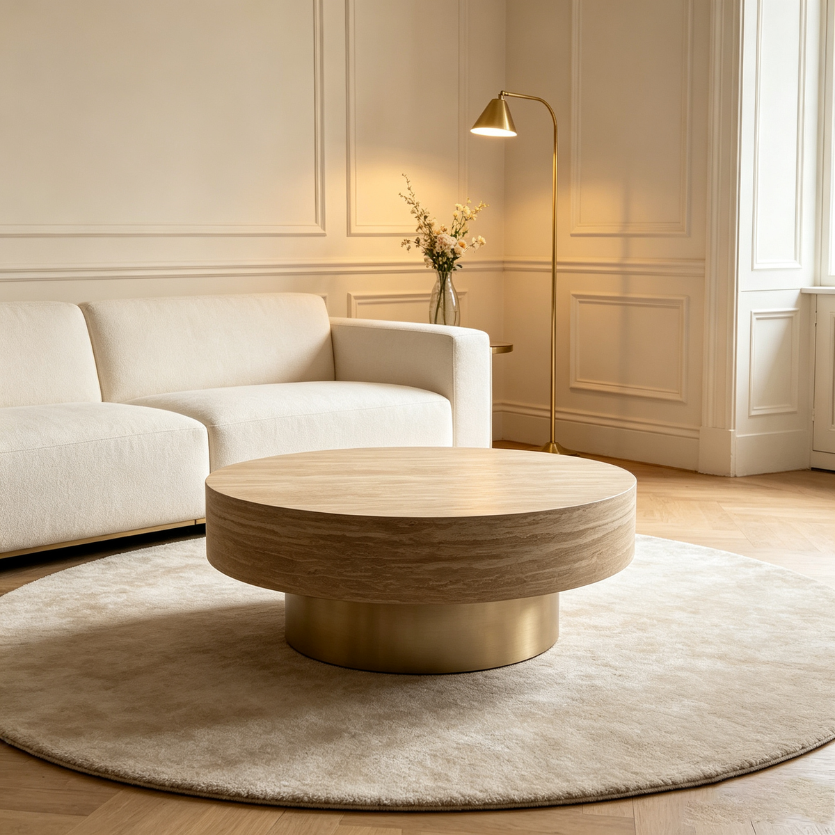 31.88 inch Round Travertine Coffee Table, Modern Drum Coffee Table with Champagne Gold Metal Pedestal Base, Textured Stone‑Look Circular Center Table for Living Room