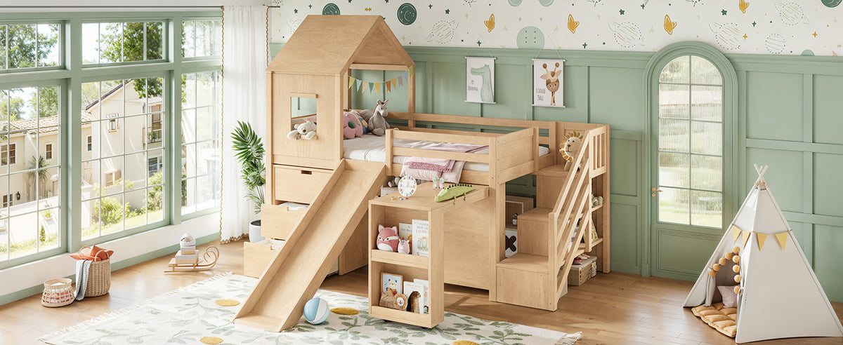 Twin Playhouse Loft Bed with Integrated Storage Drawers, Open Stair Shelves & Pull Out Desk, Kids Low House Loft Bed with Slide and Play Window, Natural