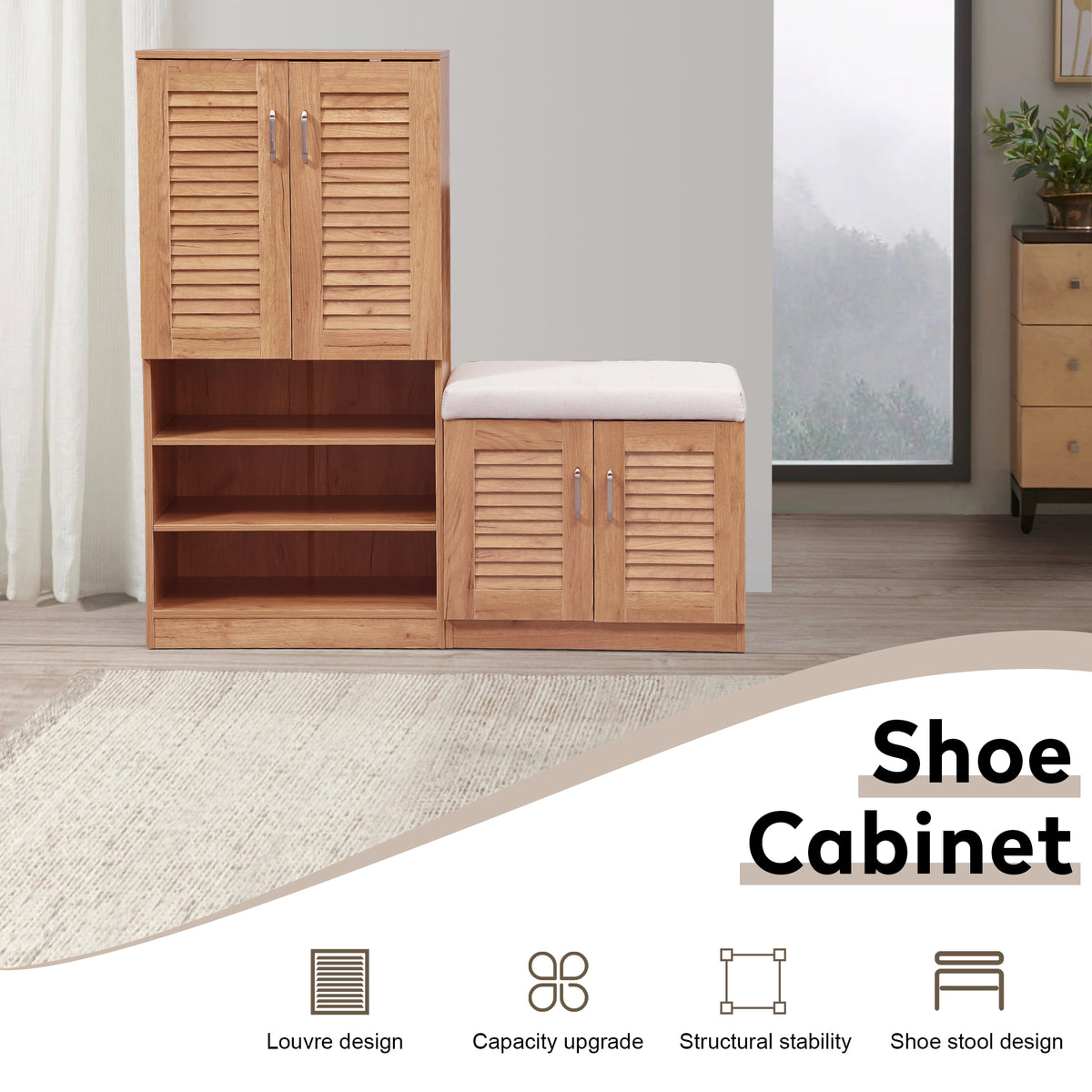 Multi functional Shoe Storage Cabinet with Bench & 7+3 Storage compartment, Adjustable layer board
, Shoe Bench with Cushion for Entryway,  Freestanding Shoe Rack for  Mudroom, Hallway,oak