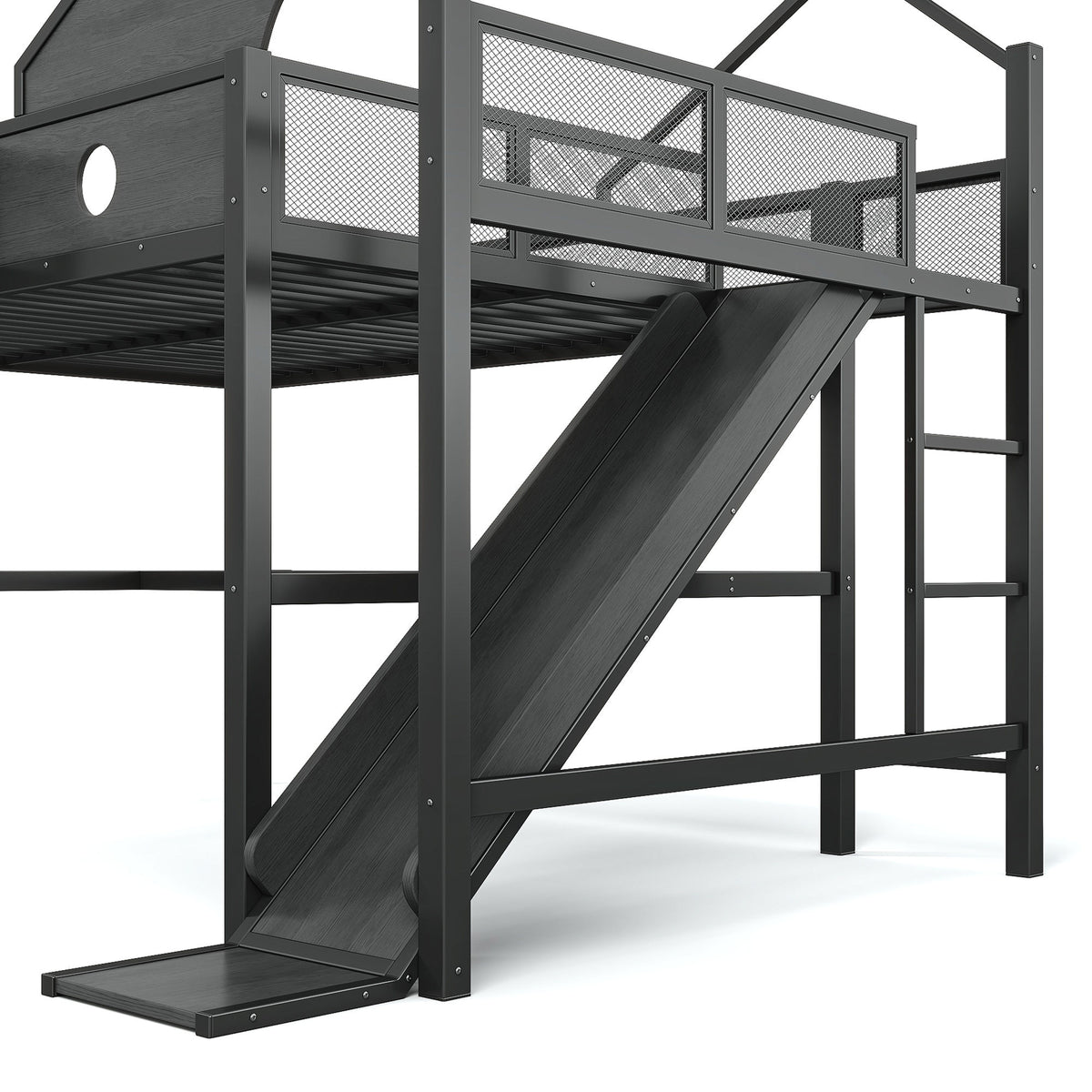 Queen Size Multifunctional Loft Bed with Slide, Desk,and Storage Shelves, Metal Loft Bed Frame With USB Ports And Led Lights, Triangular Geometry House Design, Black
