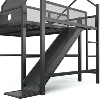 Queen Size Multifunctional Loft Bed with Slide, Desk,and Storage Shelves, Metal Loft Bed Frame With USB Ports And Led Lights, Triangular Geometry House Design, Black