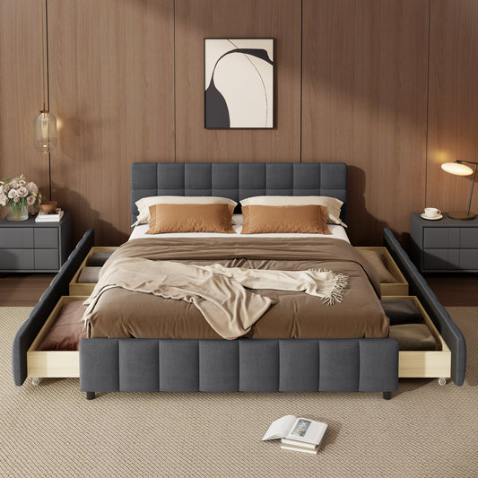 Queen Size Upholstered Platform Bed Frame with 4 Storage Drawers, Block Grid Tufted Headboard, Linen Fabric Padded Bed Frame, Gray