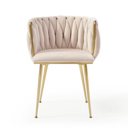 Modern Velvet Dining Chairs Set of 2, Upholstered Woven Dining Chair with Golden Metal Legs, Upholstered Dining Chairs for Dining Room, Kitchen, Vanity, Living Room