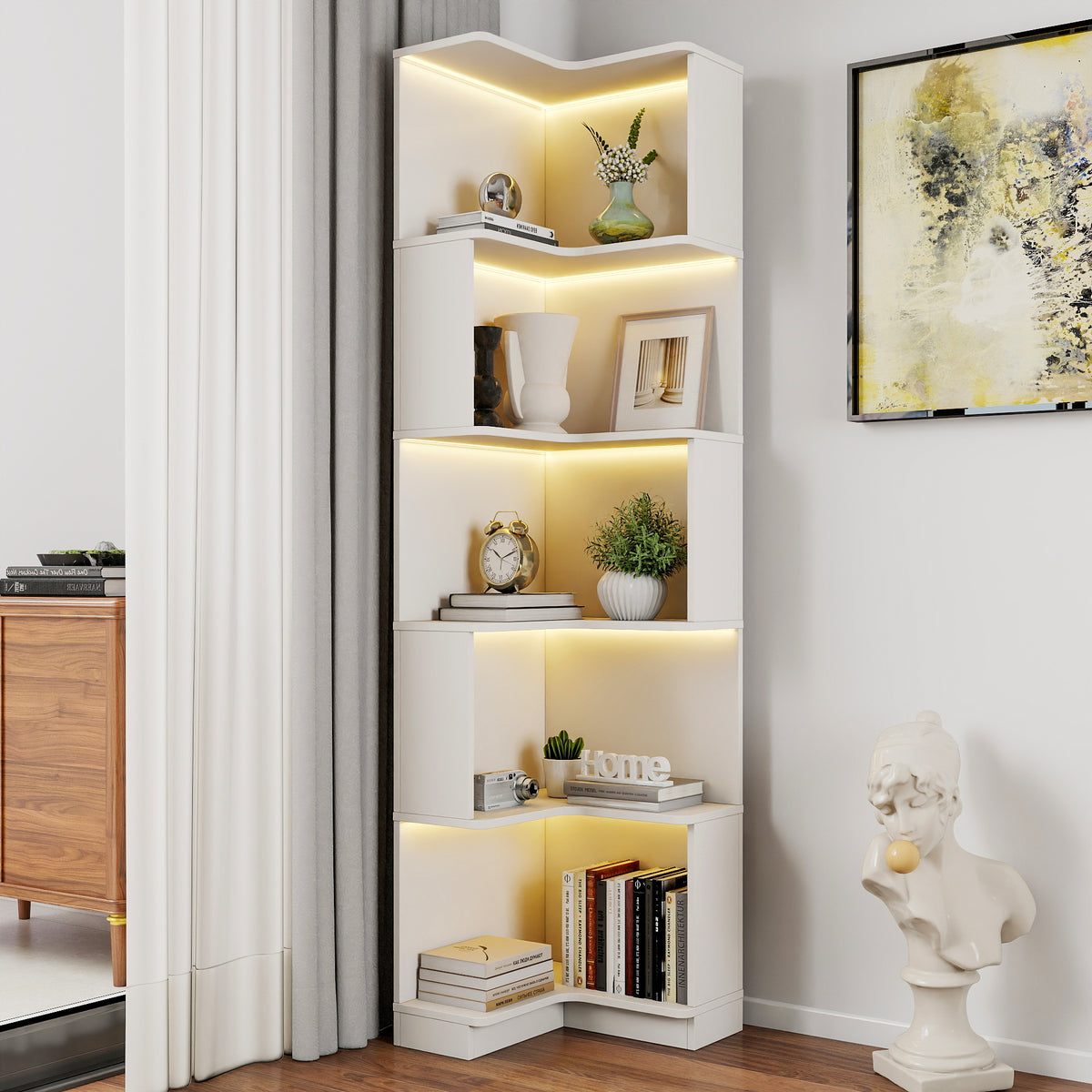 Corner Book Shelf - 5 Tier Corner Bookshelf  Bookcase with Baffle, Freestanding L Shaped Display Shelf Stand with led lights for Home Office, Living Room, Bedroom, Kitchen