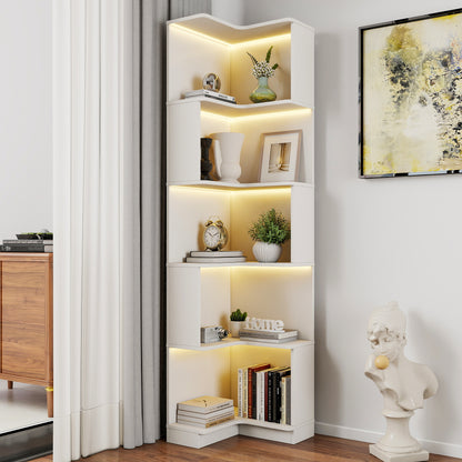 Corner Book Shelf - 5 Tier Corner Bookshelf  Bookcase with Baffle, Freestanding L Shaped Display Shelf Stand with led lights for Home Office, Living Room, Bedroom, Kitchen
