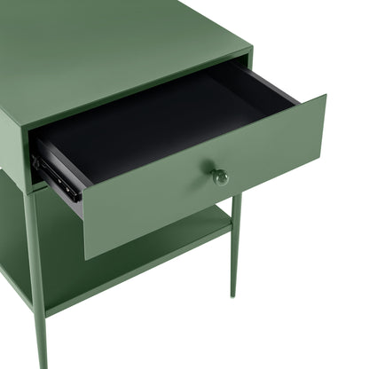 Colette Vintage Green Metal 1-Drawer Nightstand with Bottom Shelf & Tapered Legs