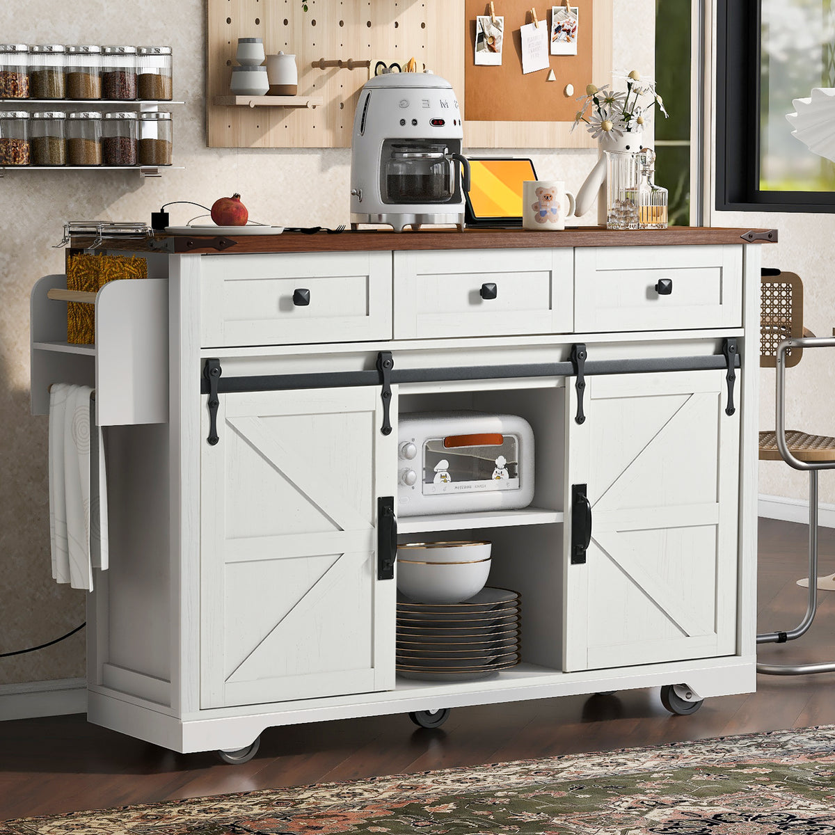 K&K 53.7" Farmhouse Kitchen Island with Power Outlet, 2 Sliding Barn Door Kitchen Storage Island with Drop Leaf – Model N707S170347W