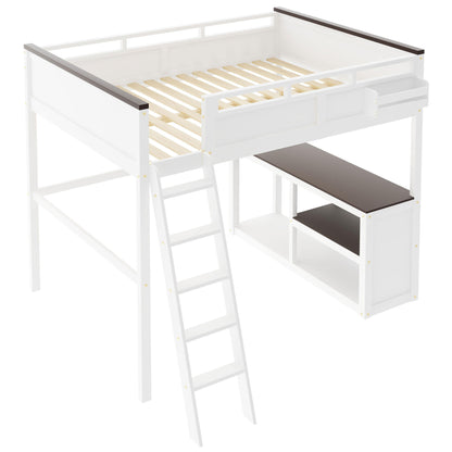 White Queen Size Loft Bed with Desk, Open Shelf, Storage Box and USB Charging Station, Pine+MDF