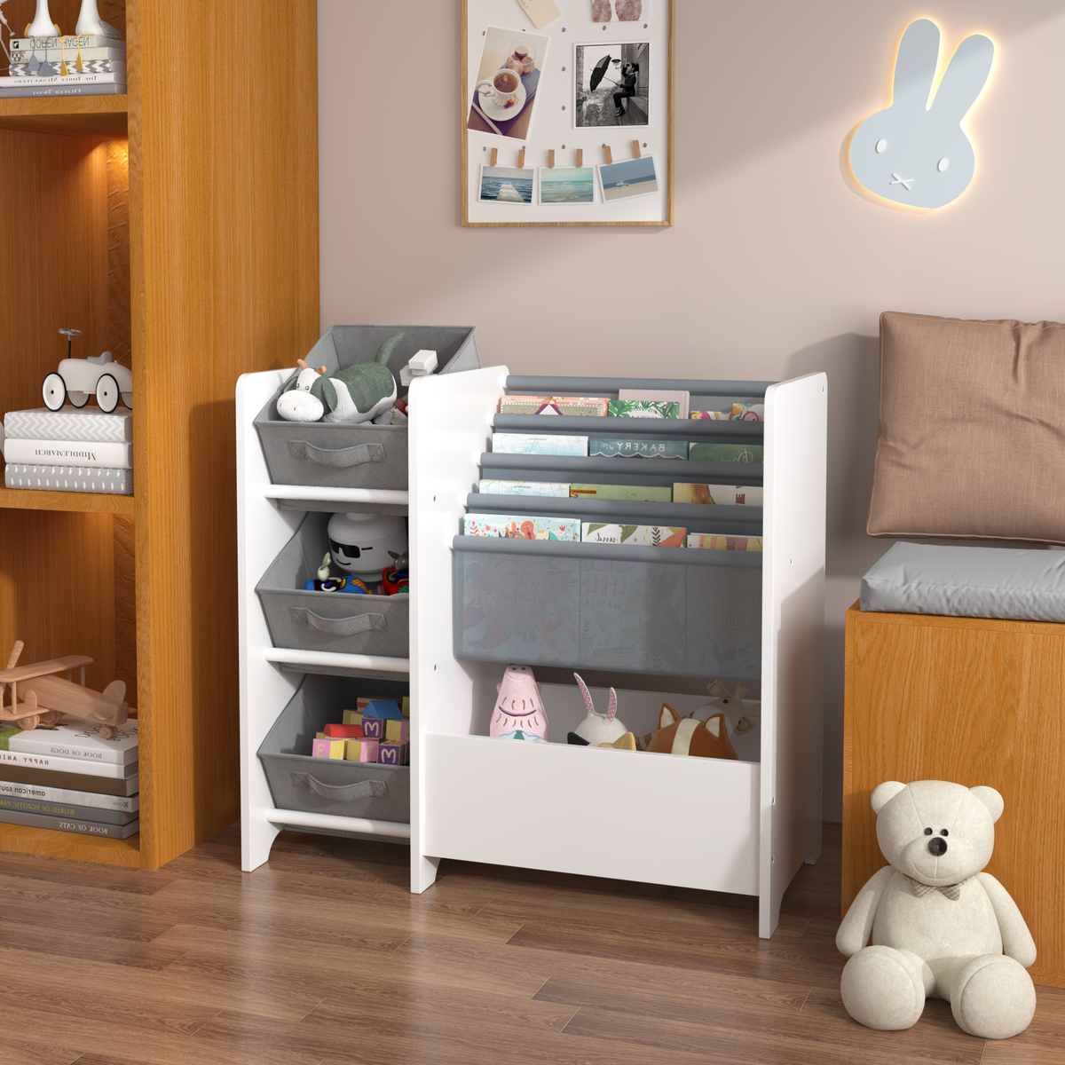 Kids Bookshelf and Toy Storage Organizer, Multifunctional 4 Tier Kids Book Shelf with 3 Collapsible Fabric Drawers