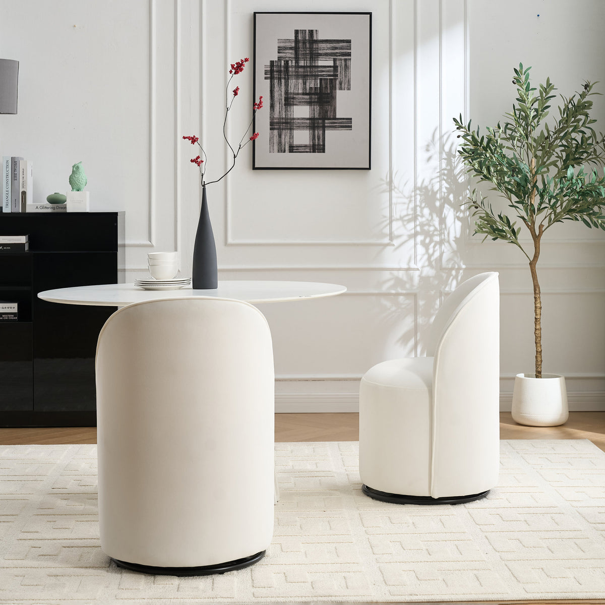 Mid Century Modern Velvet Barrel Chair, 360 Degree Swivel Armless Dining Chair in Cream, Metal and Wood Frame with High-Density Sponge Cushion