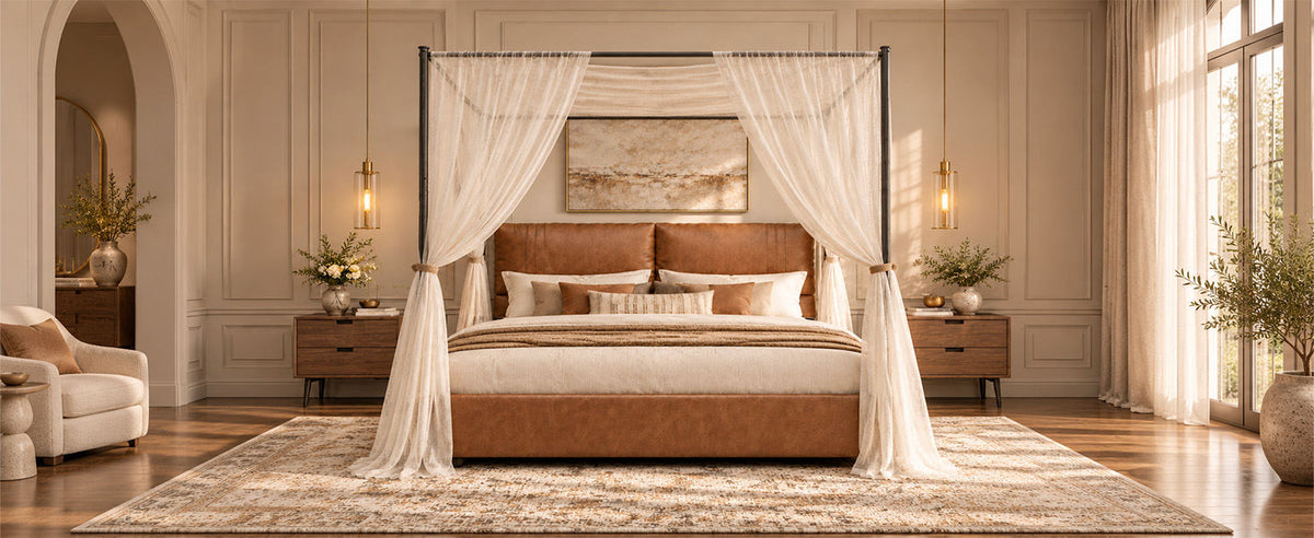 Queen Canopy Bed Frame,  Faux Leather Upholstered Bed with Metal Frame, Four Poster Platform Bed, No Box Spring Needed, Rustic Brown