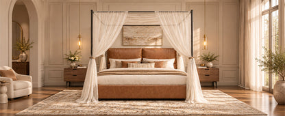 Queen Canopy Bed Frame,  Faux Leather Upholstered Bed with Metal Frame, Four Poster Platform Bed, No Box Spring Needed, Rustic Brown