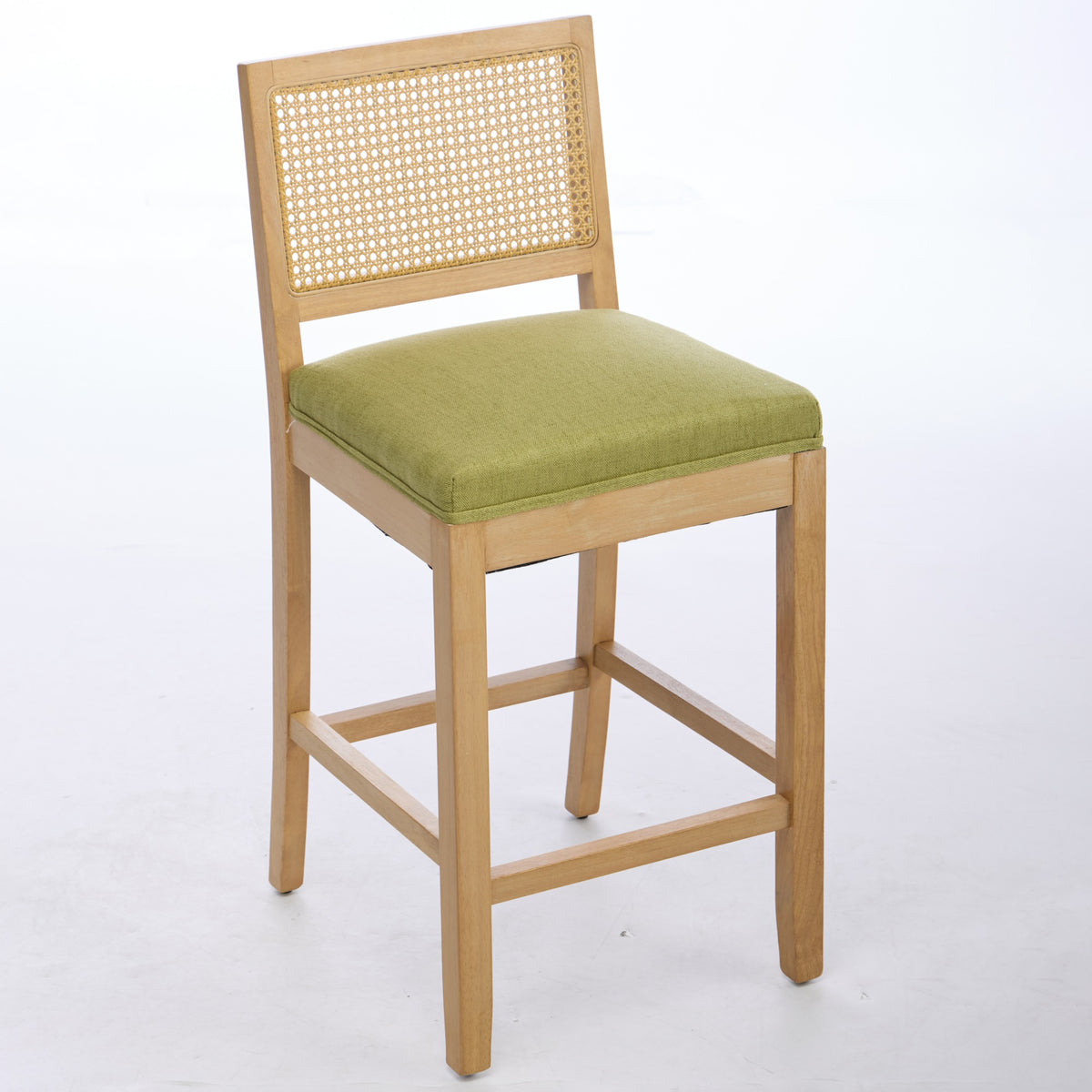 Full Solid Wood Rattan-Back Bar Stool, Matte Linen Cushion with High-Resilience Foam & S-Springs, Ideal for Rustic/Natural Style Kitchen Island, Low Bar in Dining Room & Café,Set of 2,Green,SW1872OL