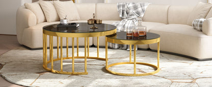 Round Nesting Coffee Table Set of 2, Modern Gold Metal Frame Circular Cocktail Table, Tempered Glass Top Accent Nesting Tables for Living Room, Apartment