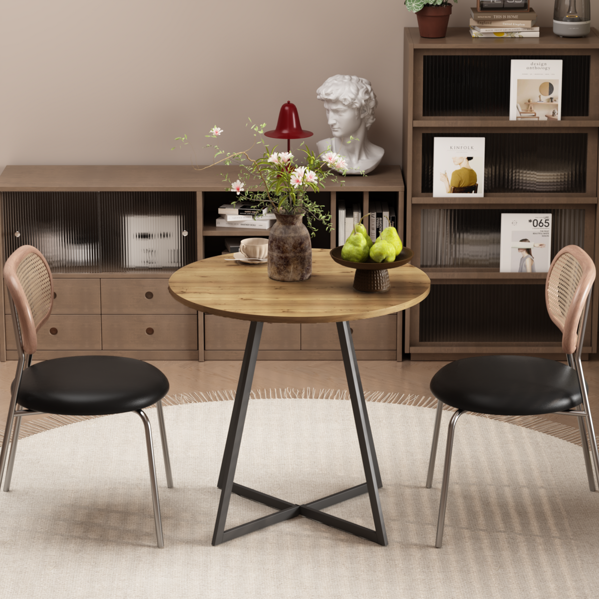 31.5 Inch Round Dining Table, Small Circle Kitchen Table with Metal Black Legs for 2-4 people, Modern Dining Room Table, Brown (only table) – Natural