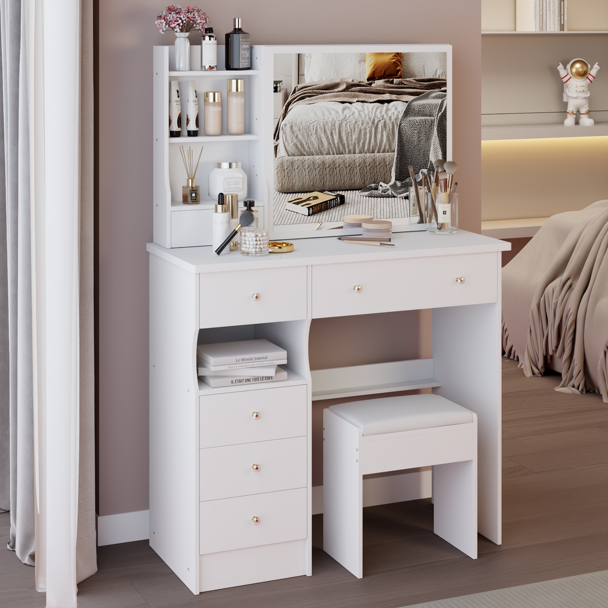 37" Left Drawer Desktop Makeup Vanity Table + Cushioned Stool, Extra Large Right Sliding Mirror, Multi Layer High Capacity Storage