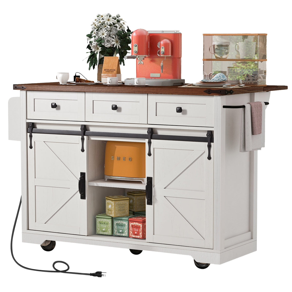 K&K 53.7" Farmhouse Kitchen Island with Power Outlet, 2 Sliding Barn Door Kitchen Storage Island with Drop Leaf – Model N707S170347W