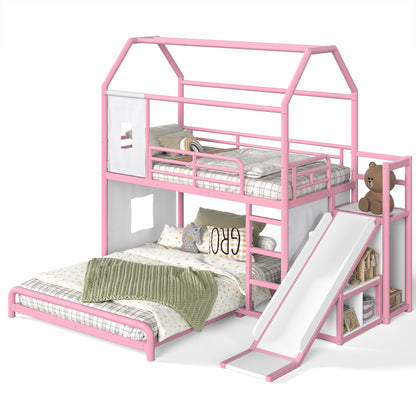 Twin over Full Playhouse Metal Bunk Bed with Slide & Ladder, House Shaped Bunk Bed with LED Light Strip, Privacy Curtain, Movable Storage Cabinet and Hanging Rod, Twin over Full Kids Bunk Bed , Pink
