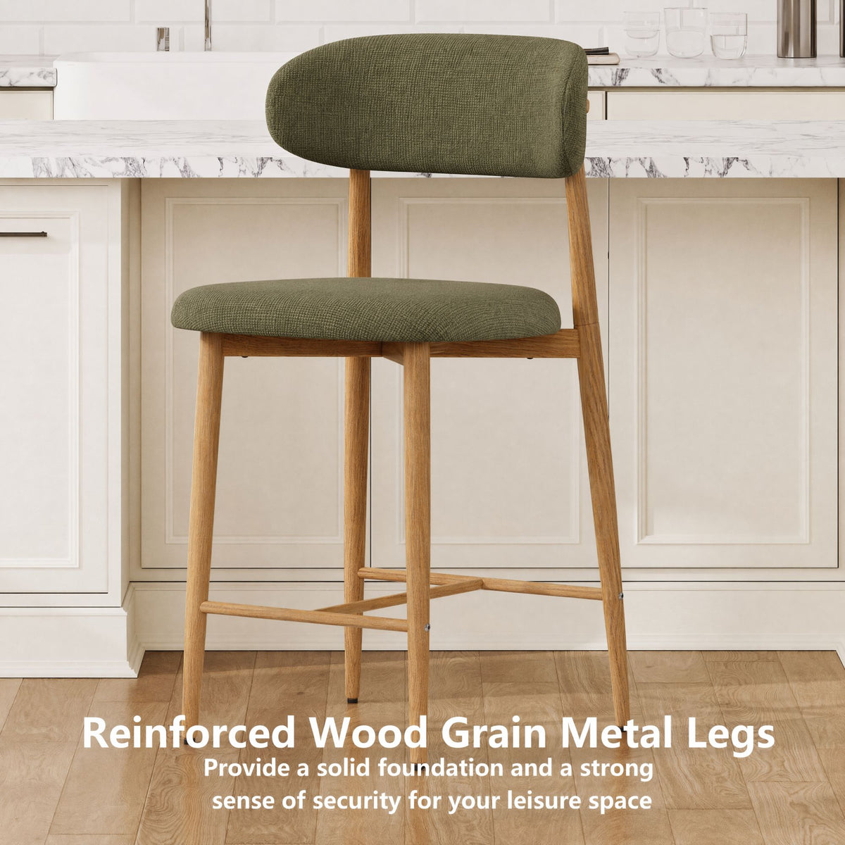 Counter Height Bar Stools Set of 2, Upholstered Counter Stools Modern Barstools with Metal Legs for Kitchen Island Dining Room, Green