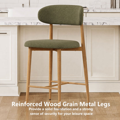 Counter Height Bar Stools Set of 2, Upholstered Counter Stools Modern Barstools with Metal Legs for Kitchen Island Dining Room, Green
