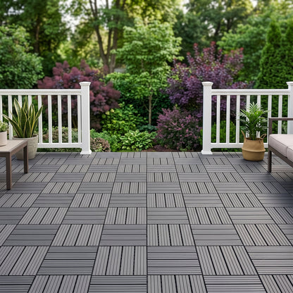 Plastic Interlocking Deck Tiles, 44 Pack 12"x12" Waterproof Non-Slip Outdoor Patio Flooring, All Weather Drainable Snap Together Decking Tiles for Poolside, Porch, Garden, Backyard & Shed Floor,Grey