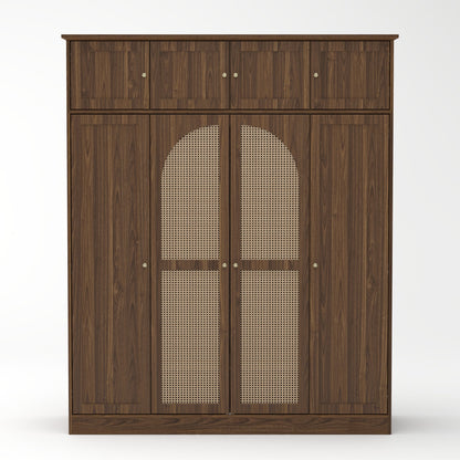 70.87"Tall 8-Door Large Capacity Armoire Wardrobe Closet with Hanging Rod, Adjustable Shelves and Rattan Decorative Doors, Clothing Storage Cabinet for Bedroom, walk-in closet, Living Room, Walnut