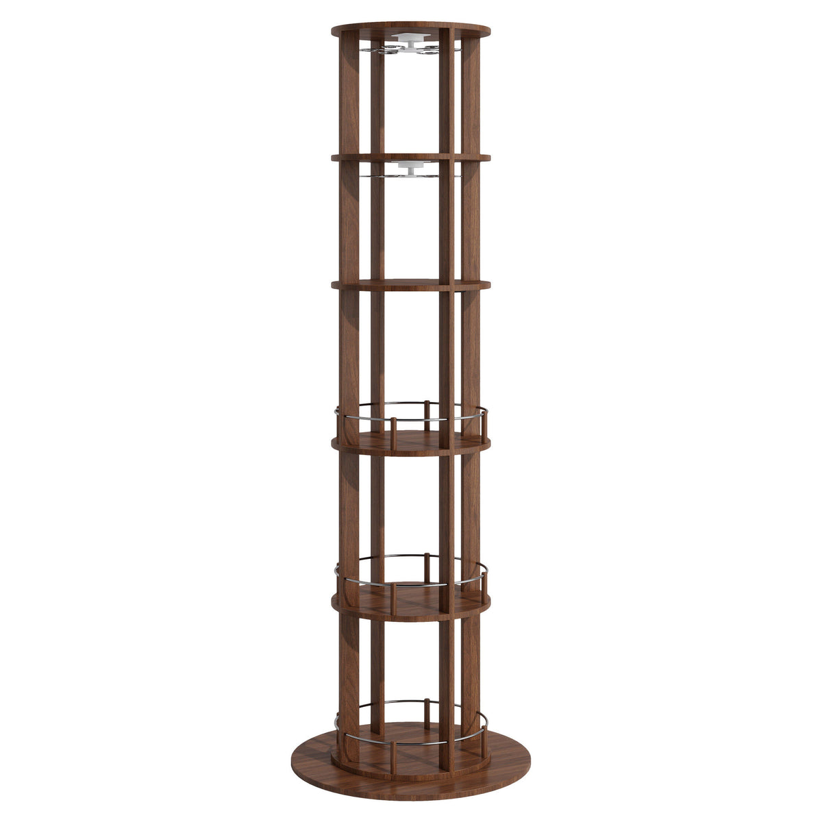 73" Tall Round Wine Rack, Freestanding Wine Bar Cabinet With 360° Rotating Design Wine Glass Rack, 360° Smooth Rotation & Stable Base, 3-Tier Storage Shelf, MDF & Metal, Walnut