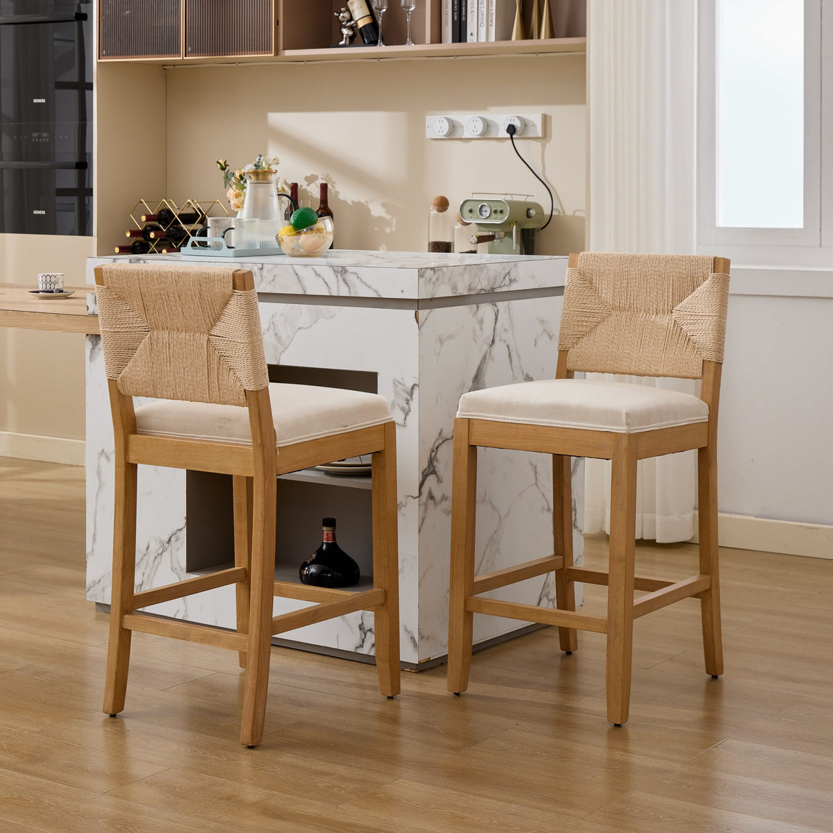 Hand‑Woven Rattan Counter Height Bar Stools Set of 2, 27 Inch Seat Height, Linen Upholstered Barstools with S‑Spring & High‑Density Sponge Cushion, Solid Wood Frame for Kitchen Island,SW1872MT