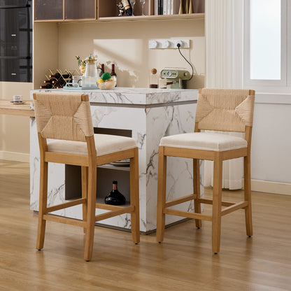 Hand‑Woven Rattan Counter Height Bar Stools Set of 2, 27 Inch Seat Height, Linen Upholstered Barstools with S‑Spring & High‑Density Sponge Cushion, Solid Wood Frame for Kitchen Island,SW1872MT