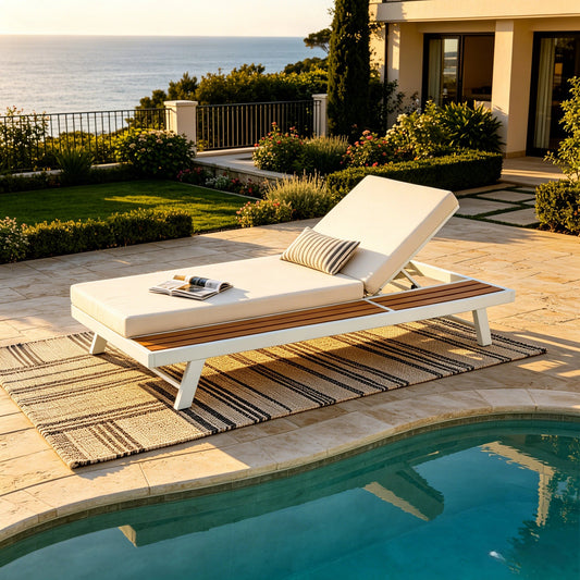 White Iron + Teak Finish Chaise Lounge Set with Cream Cushion, 400 lbs Capacity, 4" Thick 2-Fold Water-Resistant Cushion, Adjustable Backrest with Flat Storage Surface for Patio Poolside Backyard