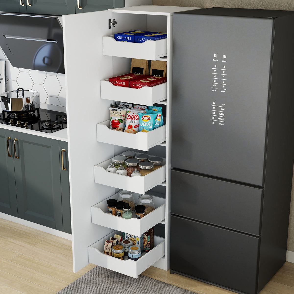 Tall Slim Pantry Storage Cabinet, Freestanding Single-Door Kitchen Cupboard with 6 Pull-Out Drawers, Narrow Food Storage Organizer for Kitchen, Dining Room