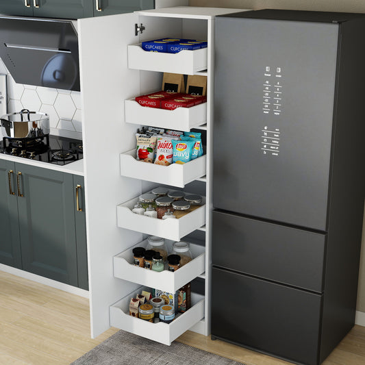 Tall Slim Pantry Storage Cabinet, Freestanding Single-Door Kitchen Cupboard with 6 Pull-Out Drawers, Narrow Food Storage Organizer for Kitchen, Dining Room
