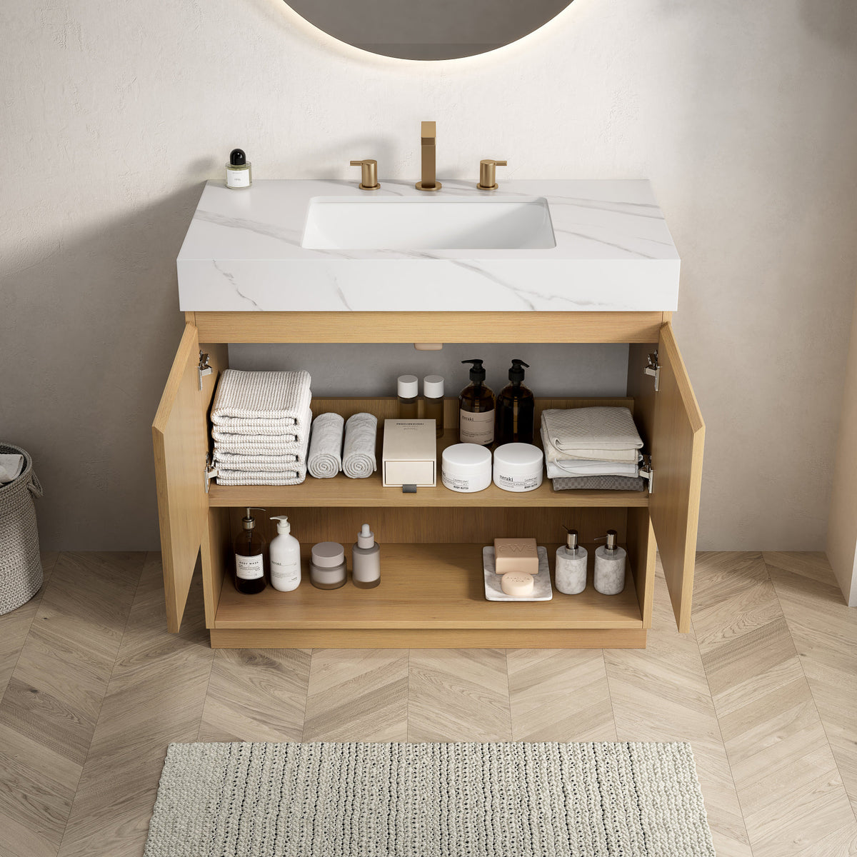 FINO 36" Bathroom Vanity&Sink,Freestanding Cabinet,Carrara White  Sintered Stone Top&Ceramic Basin with 3 Pre-drilled Faucet Holes, Disassembled, Faucet & Drain Excluded, Corolla Oak Woodgrain Color