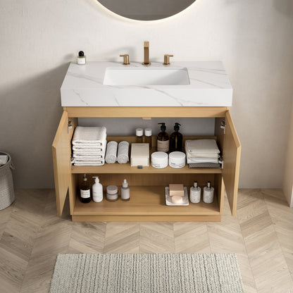 FINO 36" Bathroom Vanity&Sink,Freestanding Cabinet,Carrara White  Sintered Stone Top&Ceramic Basin with 3 Pre-drilled Faucet Holes, Disassembled, Faucet & Drain Excluded, Corolla Oak Woodgrain Color