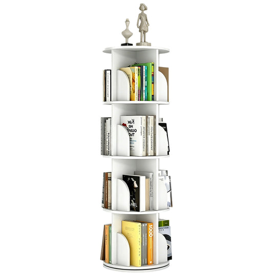 Rotating Bookshelf, PVC Bookshelf, 360 Display Spinning Bookcase Storage Rack, 4 Tier Floor Standing Revolving Bookcase Narrow Book Shelf Organizer for Small Space, Bedroom, White