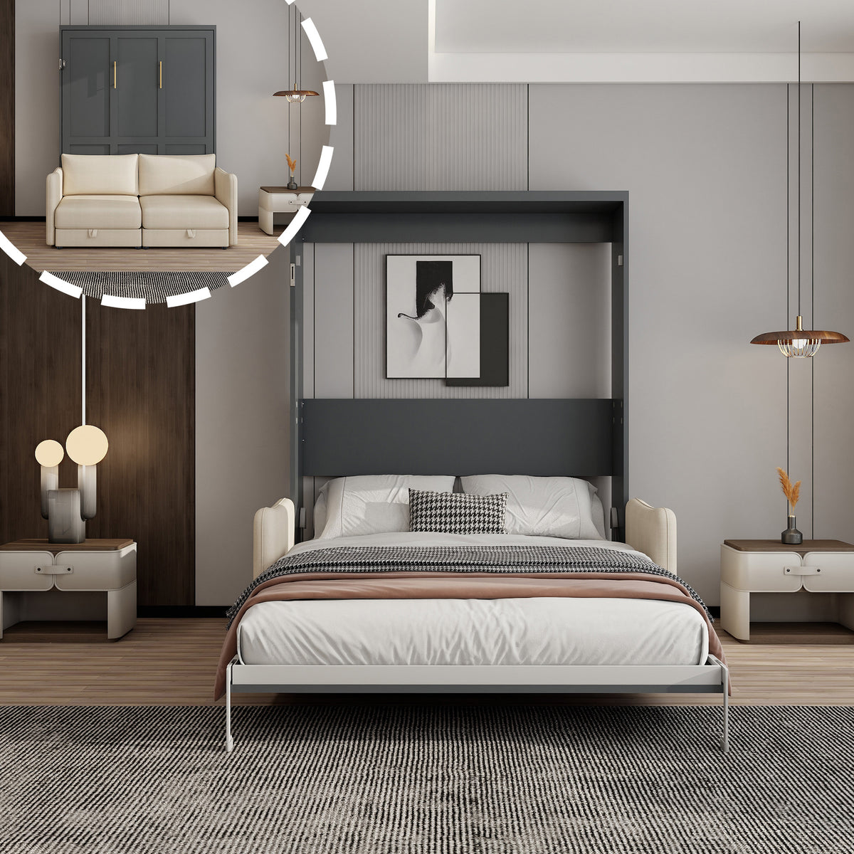 Queen Size Murphy Wall Bed with Sofa,Easy Assembly Murphy Sofa Bed for Living Room, Grey Cabinet, Beige Sofa