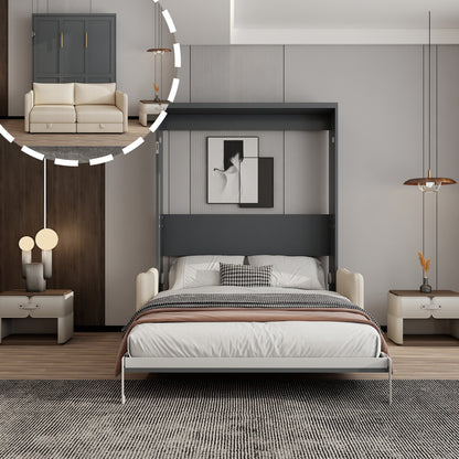 Queen Size Murphy Wall Bed with Sofa,Easy Assembly Murphy Sofa Bed for Living Room, Grey Cabinet, Beige Sofa