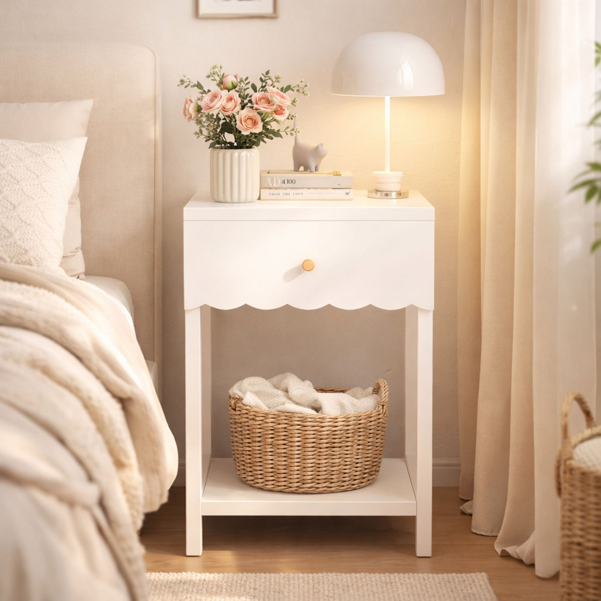 Modern White Nightstand with Drawer and Open Shelf,Scalloped Edge Bedside Table for Bedroom, Cute Minimalist Side Table for Kids Room or Girls' Room