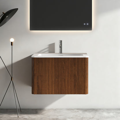 Etna 24" Striped Walnut Bathroom Vanity with White Solid Surface Sink, Wall Mounted Floating Bathroom Vanity for Modern Bathroom, Pre-assembled