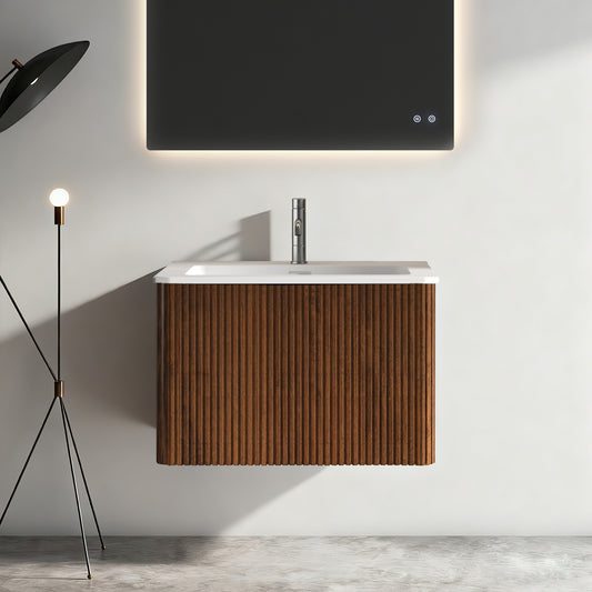 Etna 24" Striped Walnut Bathroom Vanity with White Solid Surface Sink, Wall Mounted Floating Bathroom Vanity for Modern Bathroom, Pre-assembled