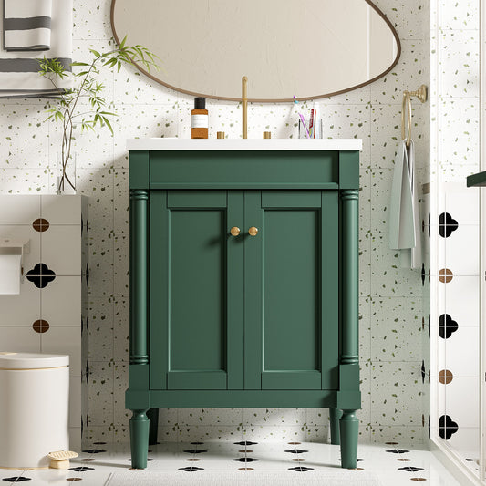 Modern Green Bathroom Vanity with Top Sink, 2-Tier Storage Cabinet, Ceramic Basin, Solid Wood Frame, 24''
