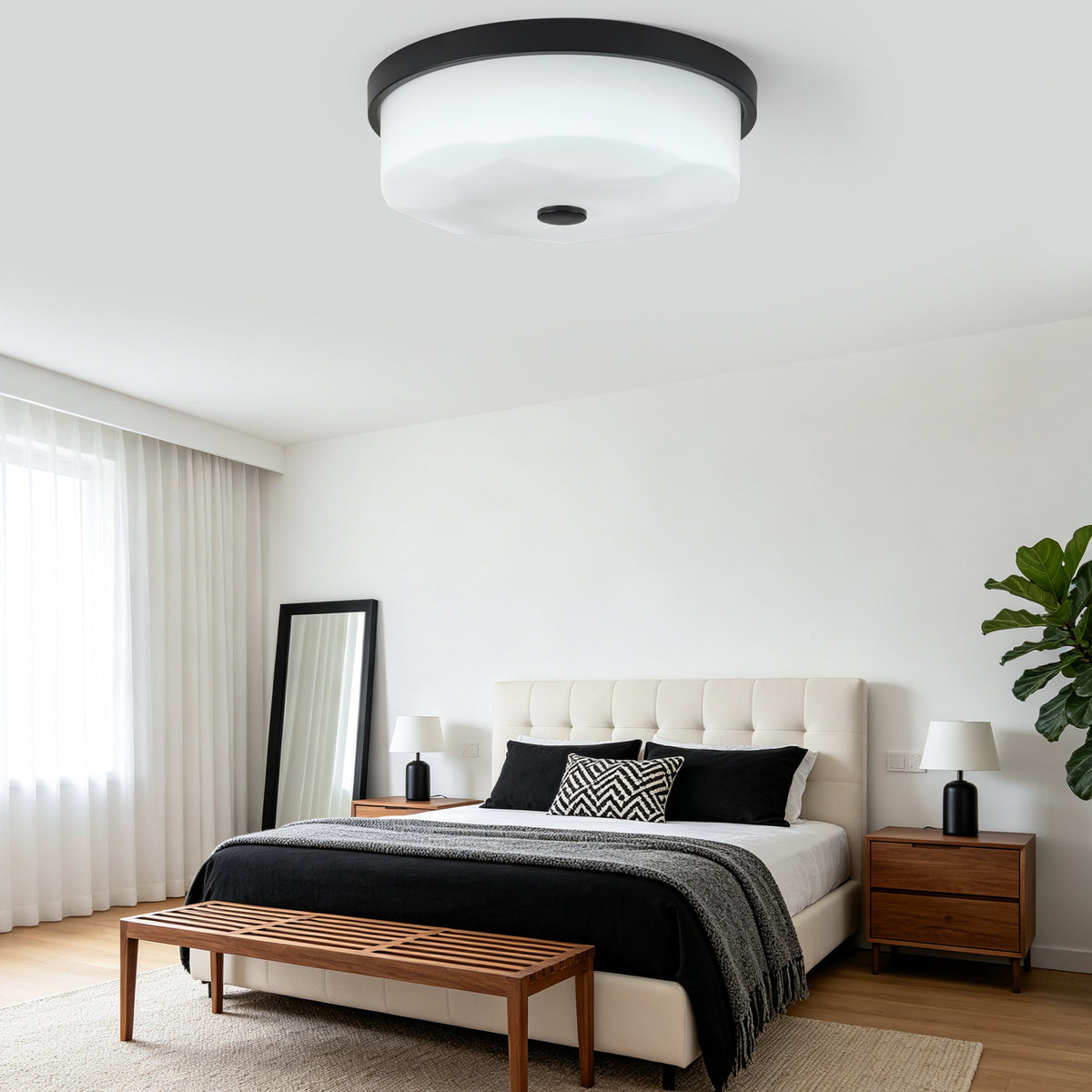 Wavy White Shade LED Flush Mount Ceiling Light 12.2 Inch, Dimmable with Remote Control, Black Rim Indoor Lamp for Entry Kitchen Bedroom